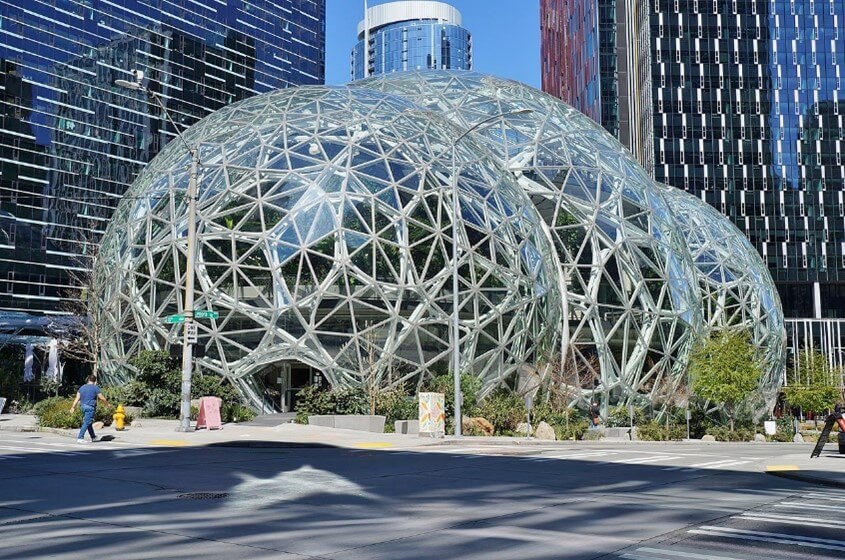 glass sphere structures by Amazon headquarters