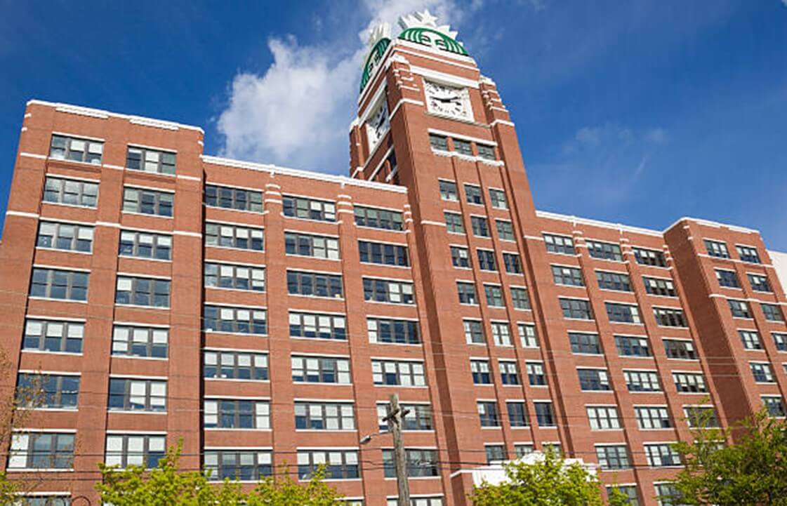 front view of Starbucks headquarters building in Seattle