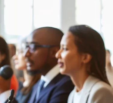 Group of professionals attending a meeting, listening attentively, with a vibrant mural in the background.